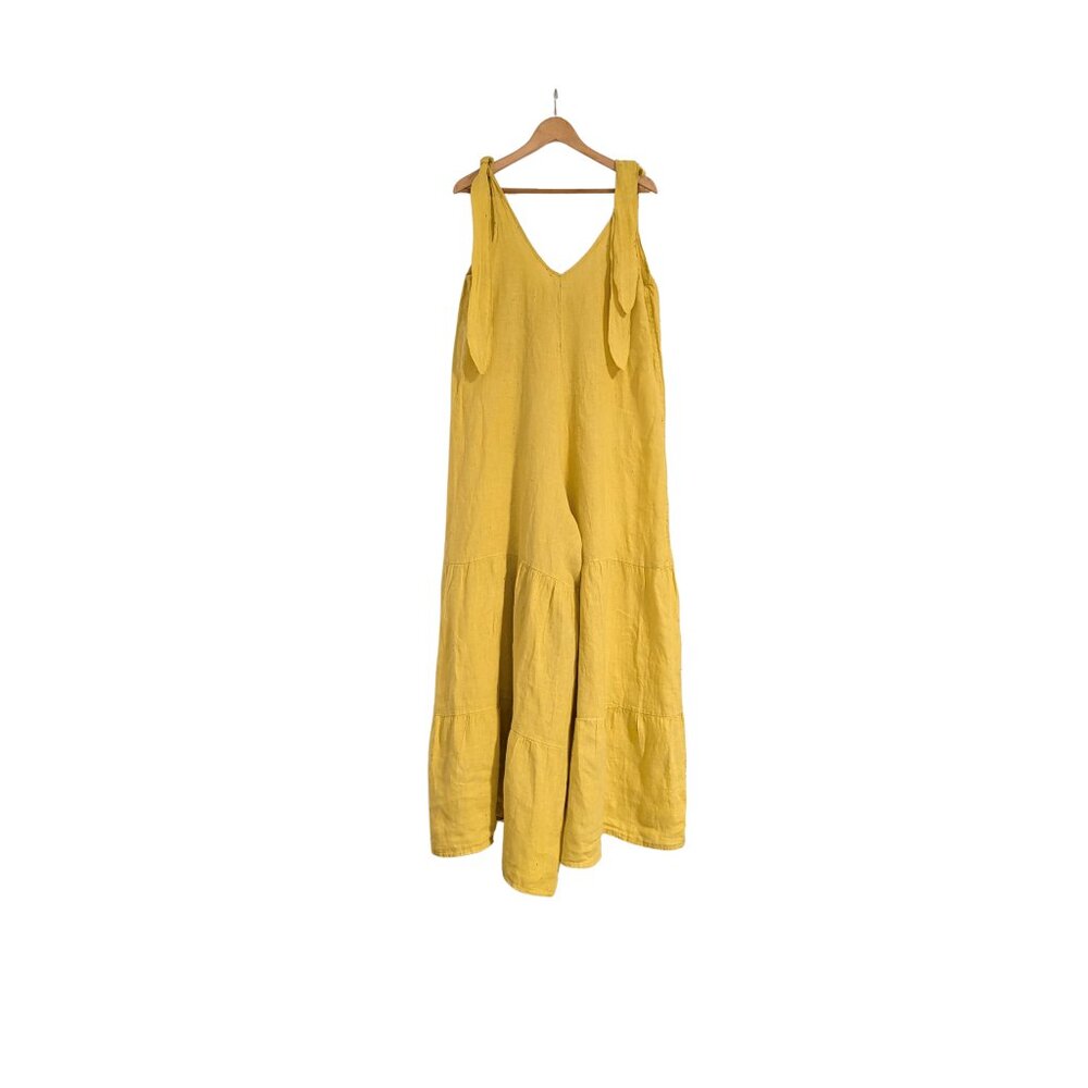 Italian 100% Linen Yellow Tie Strap Wide Leg Jumpsuit One Size Boho Resort - Picture 2 of 7